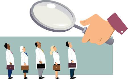 76929559-searching-for-a-doctor-giant-hand-with-a-magnifying-glass-examining-a-line-of-people-in-white-coats-